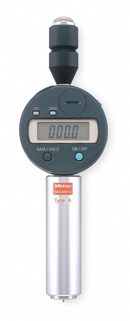 DIGITAL DUROMETER, LCD, SHORE A, 35 DEG TIP, 10-90 RG, 0.71 IN DIAMETER, 7 9/16 X 2 3/8 X 1/16 IN