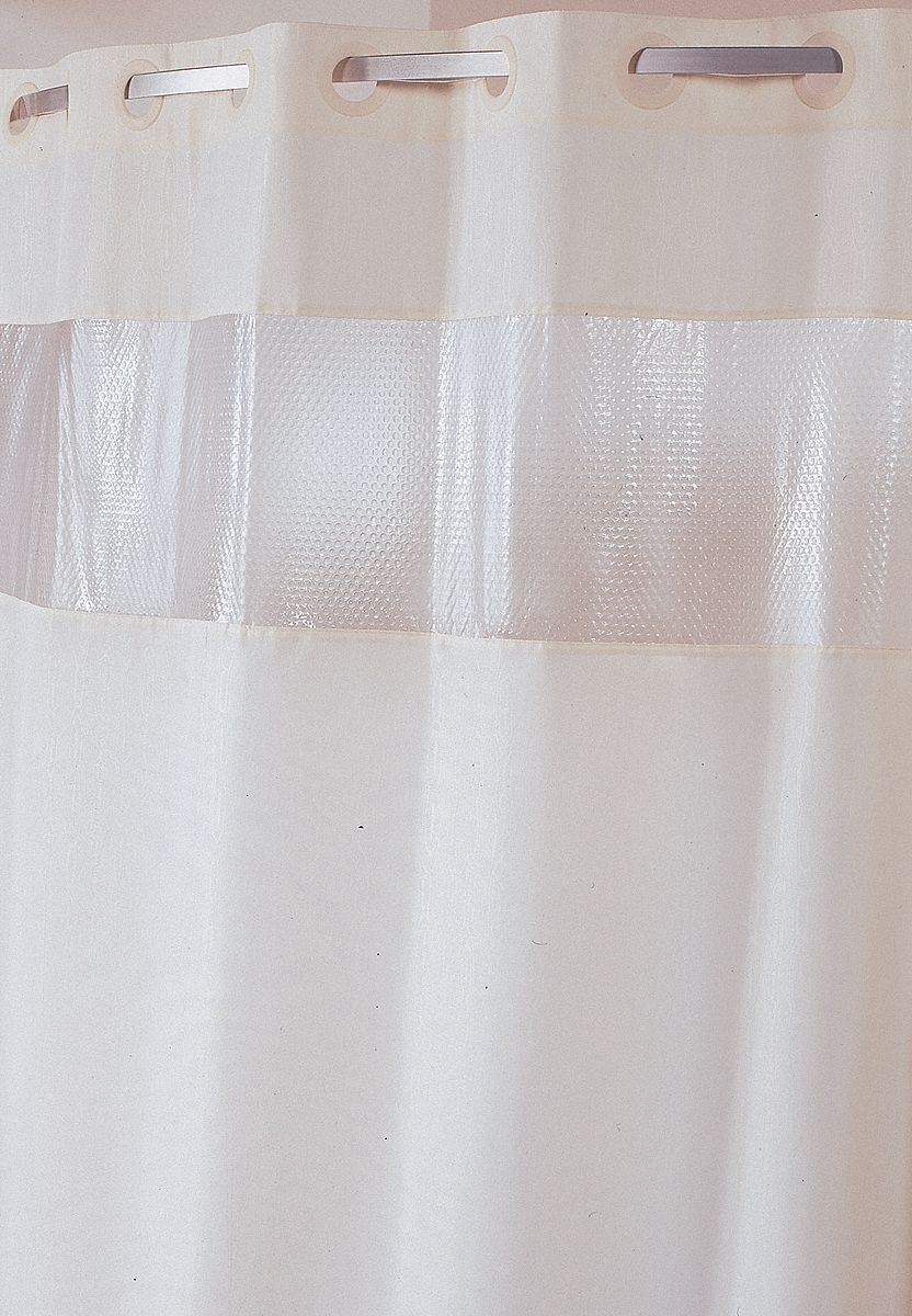 Shower Curtain: Beige, 77 in Lg, 71 in Wd, Polyester with Vinyl Bubble Look Window