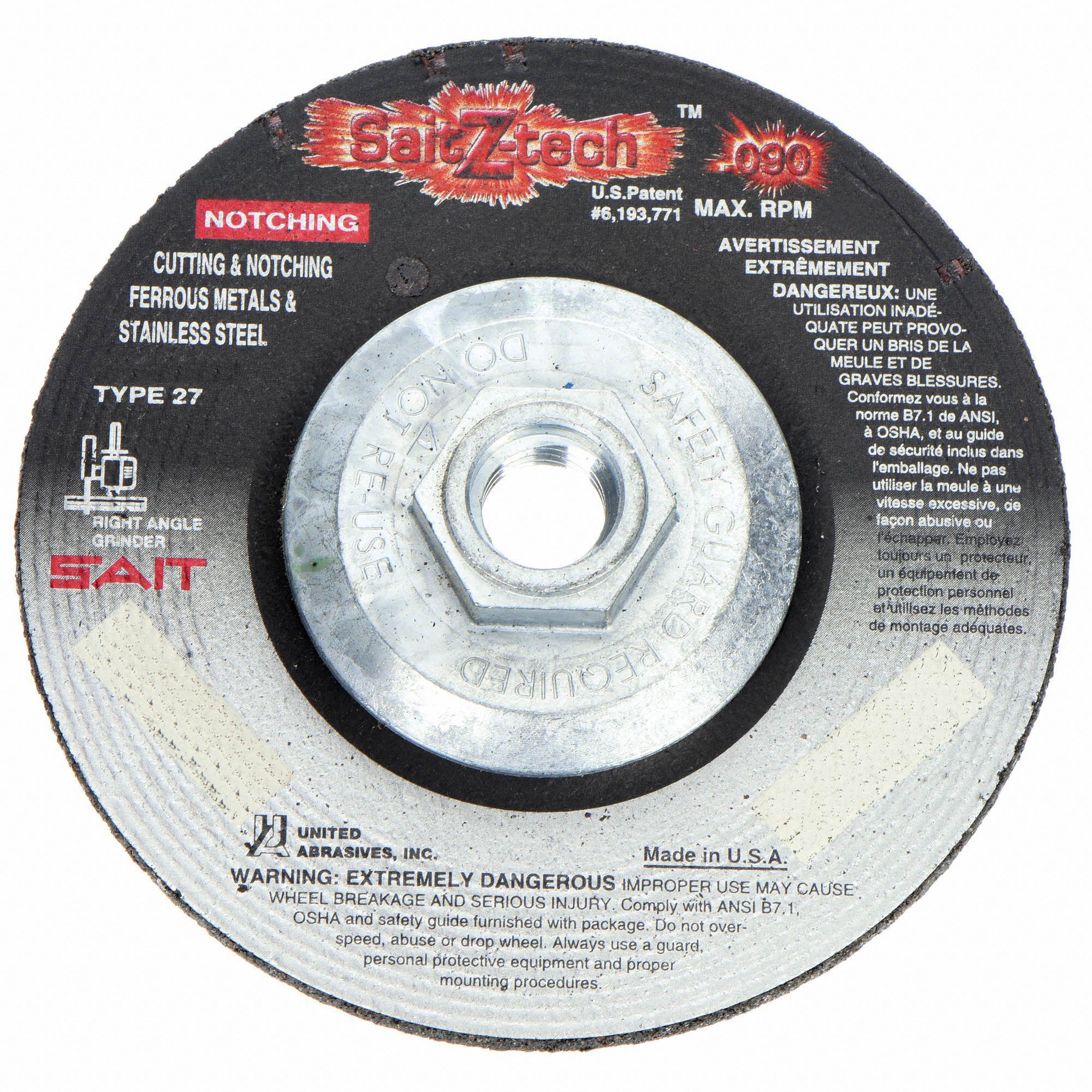DEPRESSED CENTRE CUT-OFF WHEEL, TYPE 27, 6 IN X 0.09 IN X ⅝"-11 THREAD, ZIRCONIA ALUMINA, 36 GRIT