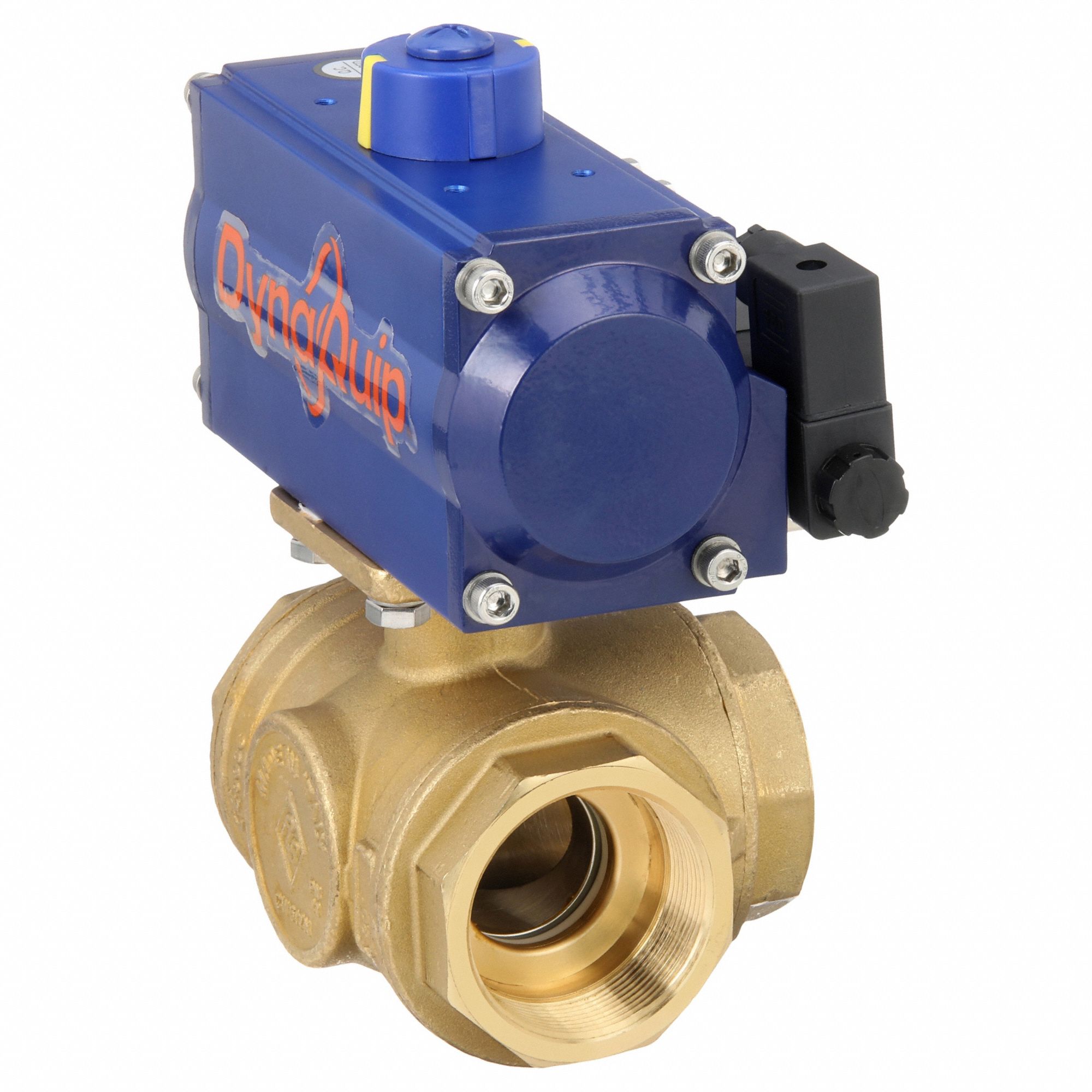Pneumatically Actuated Three-Way Ball Valve: 2 in, Brass, FNPT x FNPT x FNPT