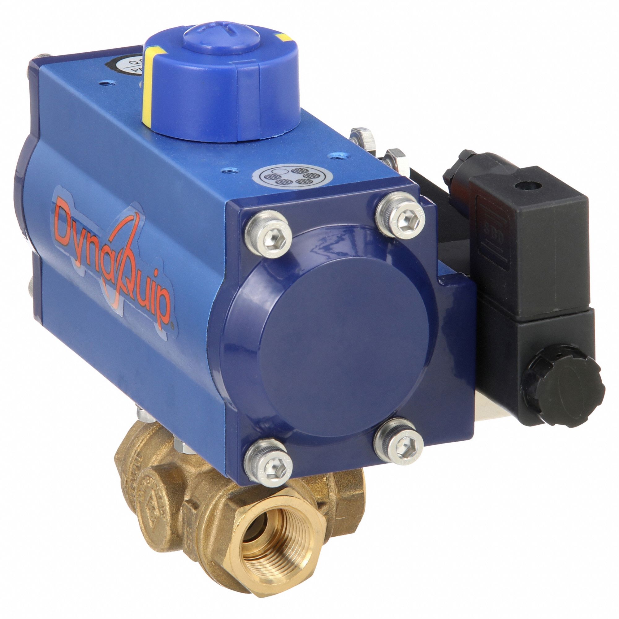 Pneumatically Actuated Three-Way Ball Valve: 1/2 in, Brass, FNPT x FNPT x FNPT