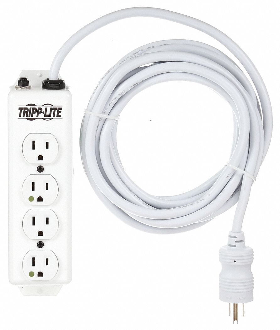 OUTLET STRIP, 4 OUTLETS, 15 FT CORD, 15 A MAX, WHITE, HOSPITAL GRADE NEMA 5-15P