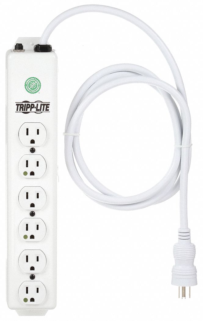 OUTLET STRIP, 6 OUTLETS, 6 FT CORD, 15 A MAX, WHITE, HOSPITAL GRADE NEMA 5-15P