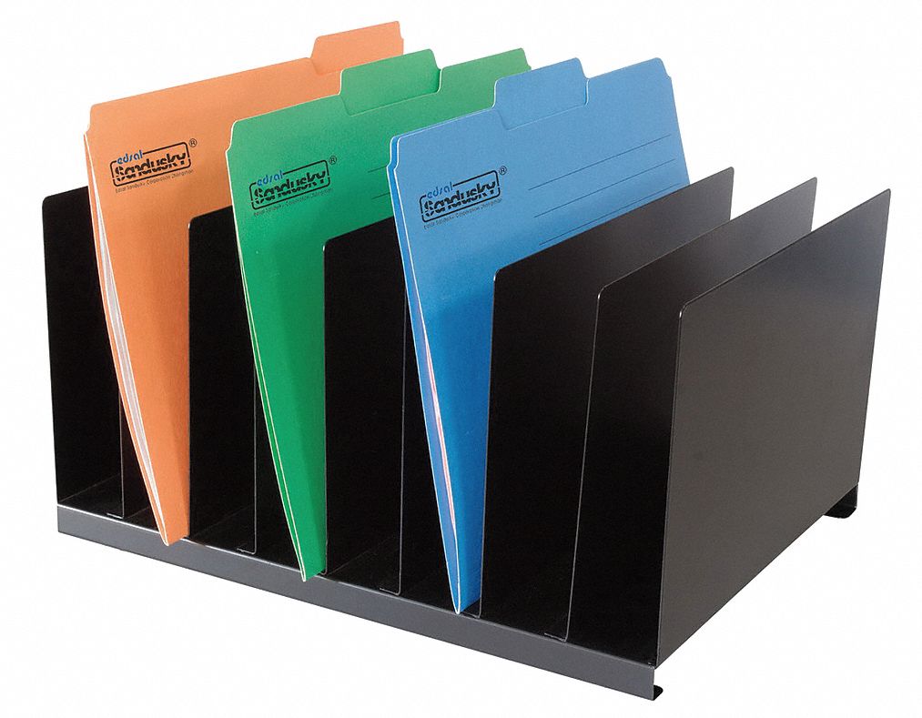 File Holder: 8 Compartments, Steel, Black, 8 1/8 in Overall Ht, 15 in Overall Wd