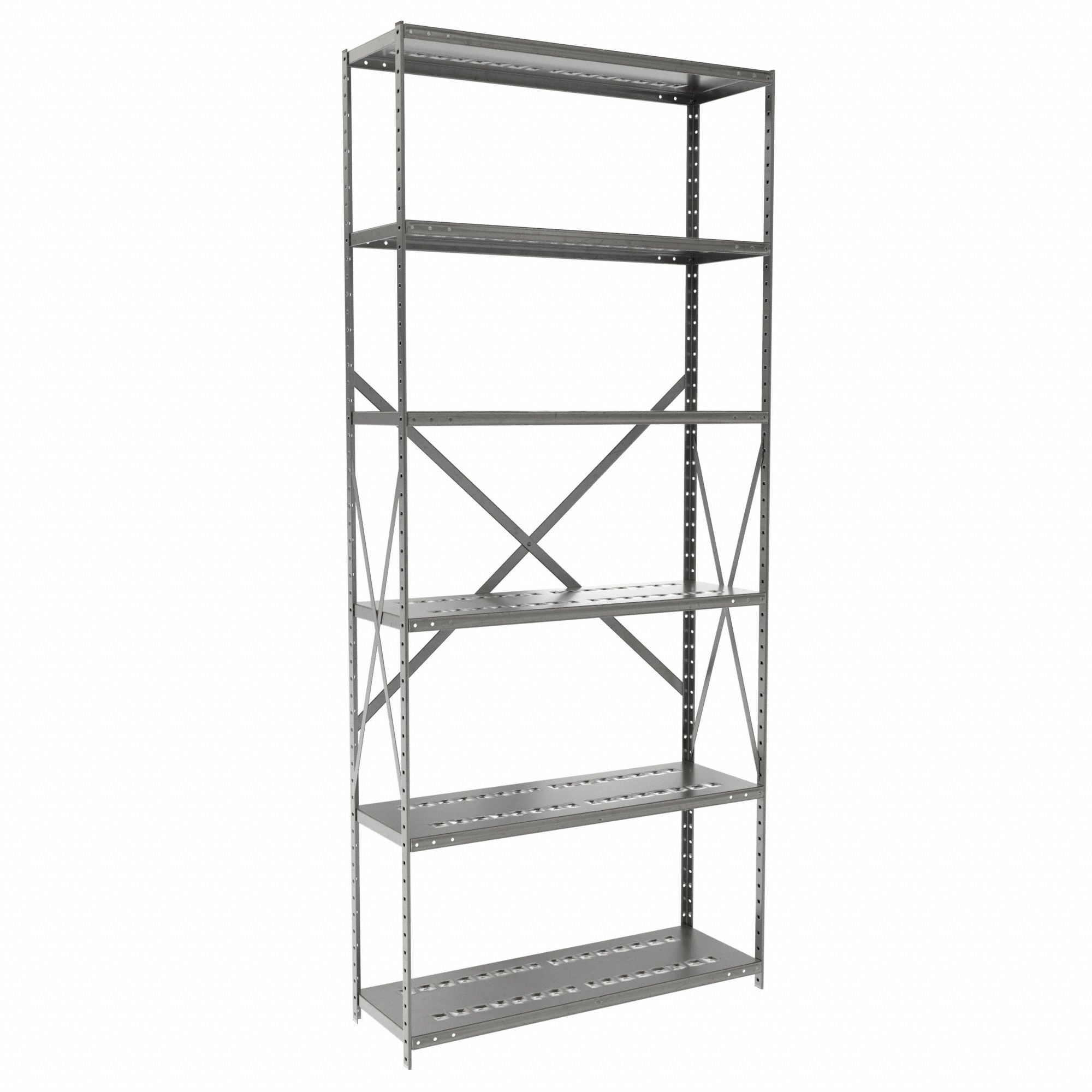 Metal Shelving: Starter, Medium-Duty, 36 in x 12 in, 84 in Overall Ht, 6 Shelves