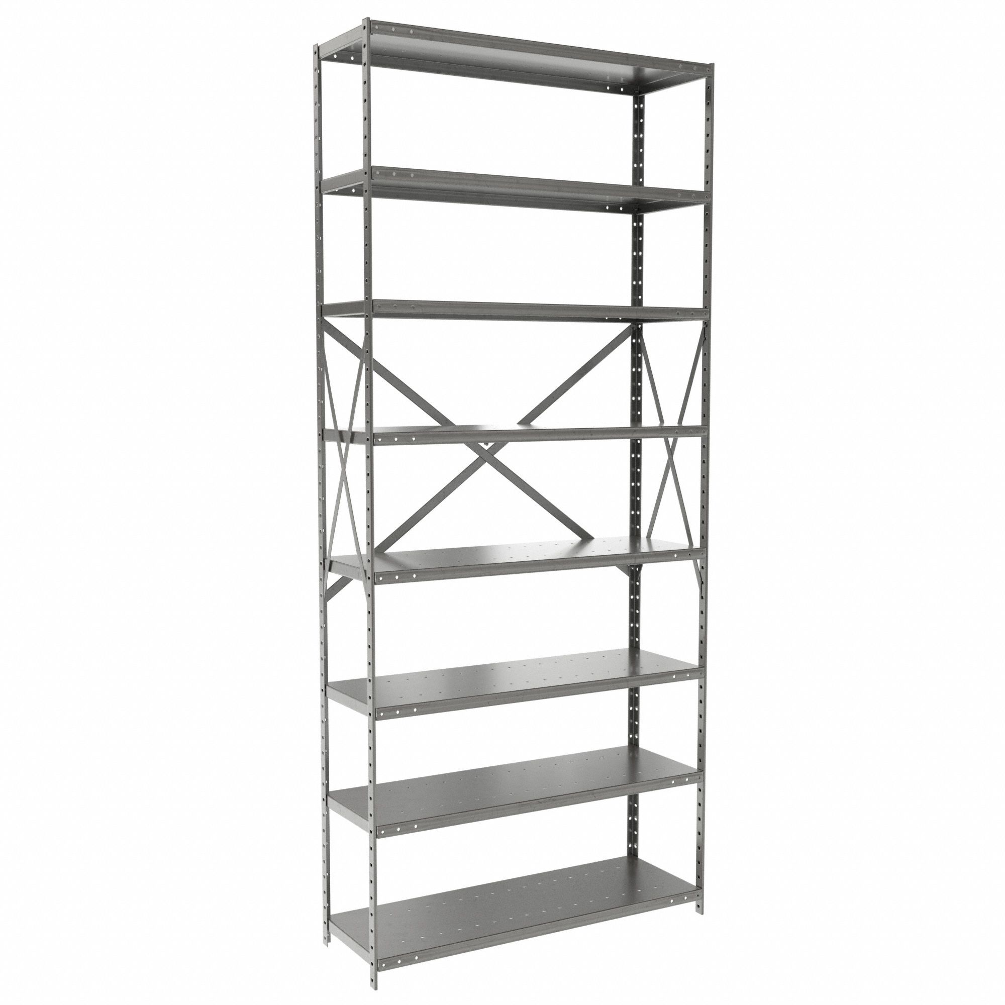 Metal Shelving: Starter, Medium-Duty, 36 in x 12 in, 84 in Overall Ht, 8 Shelves