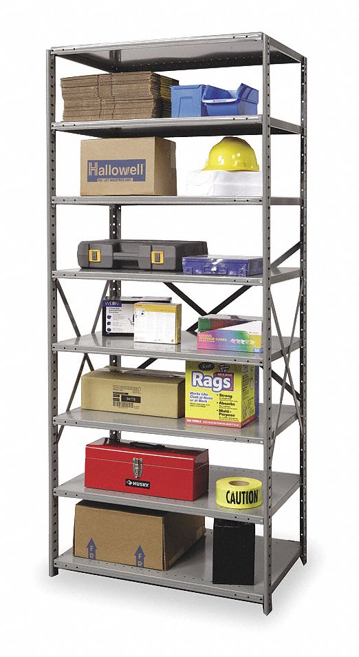 Metal Shelving: Starter, Heavy-Duty, 36 in x 12 in, 84 in Overall Ht, 8 Shelves