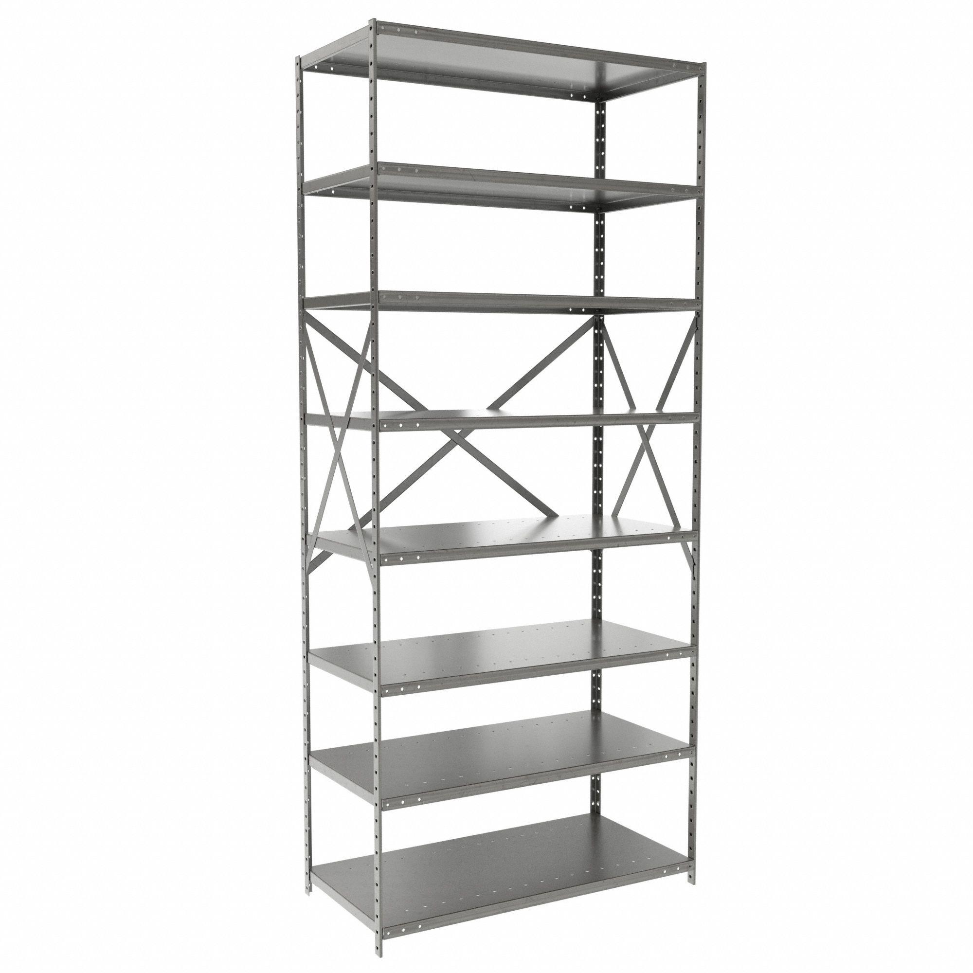 Metal Shelving: Starter, Medium-Duty, 36 in x 18 in, 84 in Overall Ht, 8 Shelves