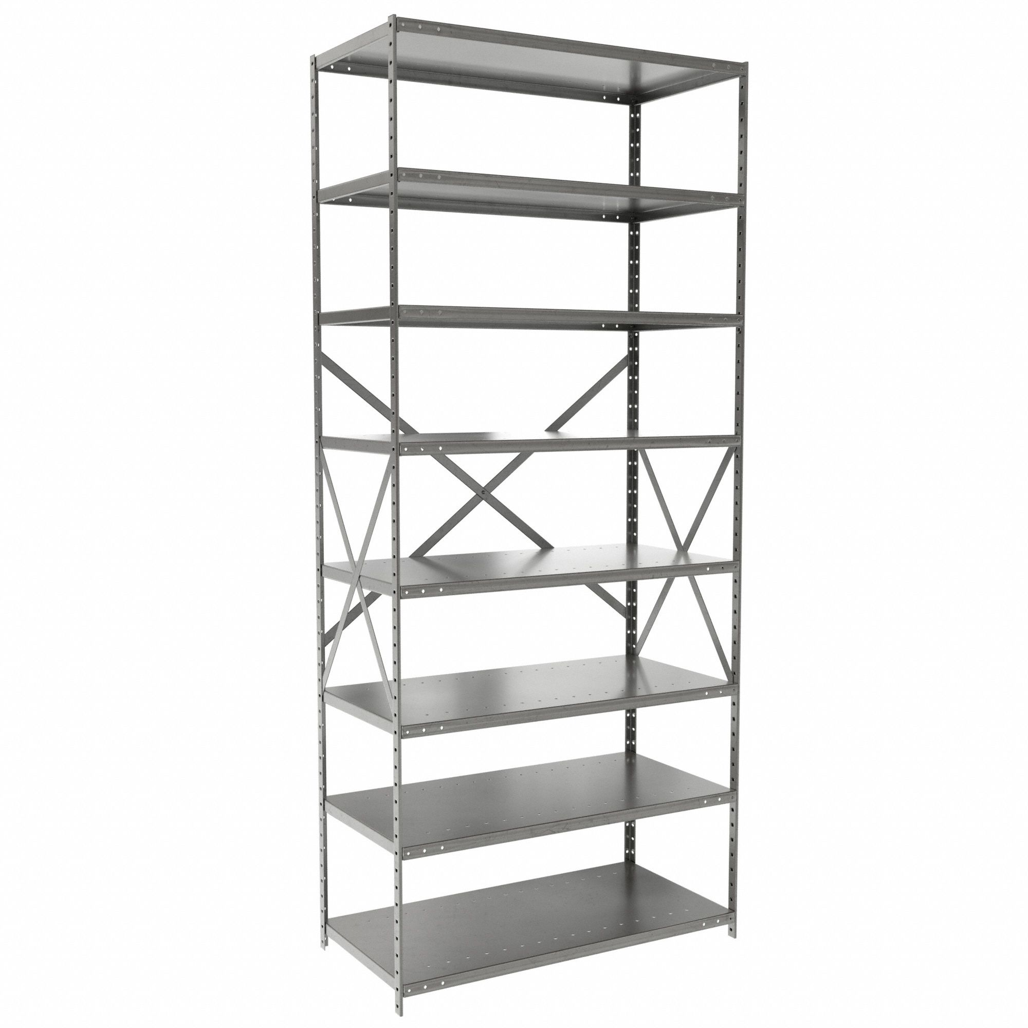 Metal Shelving: Starter, Heavy-Duty, 36 in x 18 in, 84 in Overall Ht, 8 Shelves