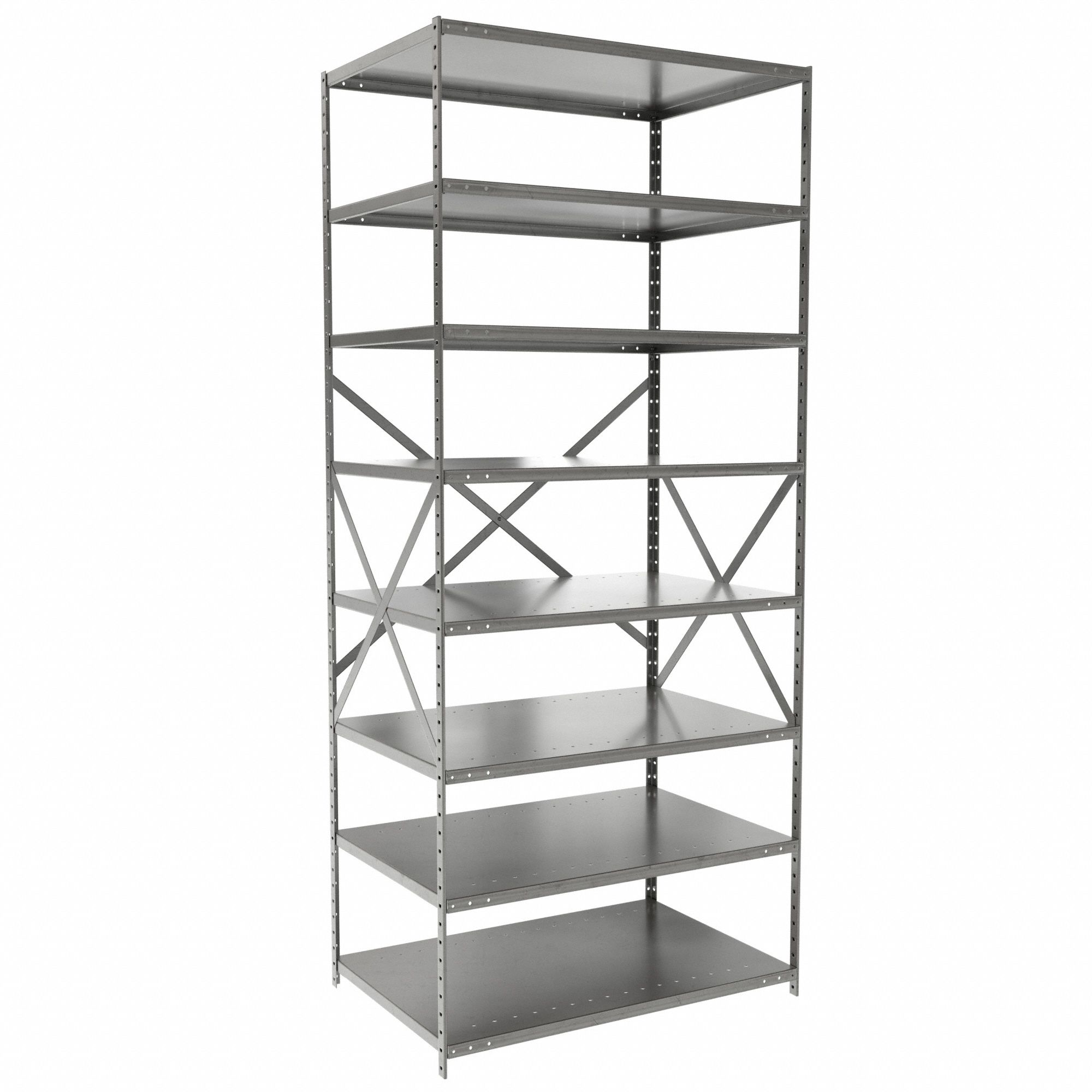 Metal Shelving: Starter, Heavy-Duty, 36 in x 24 in, 84 in Overall Ht, 8 Shelves