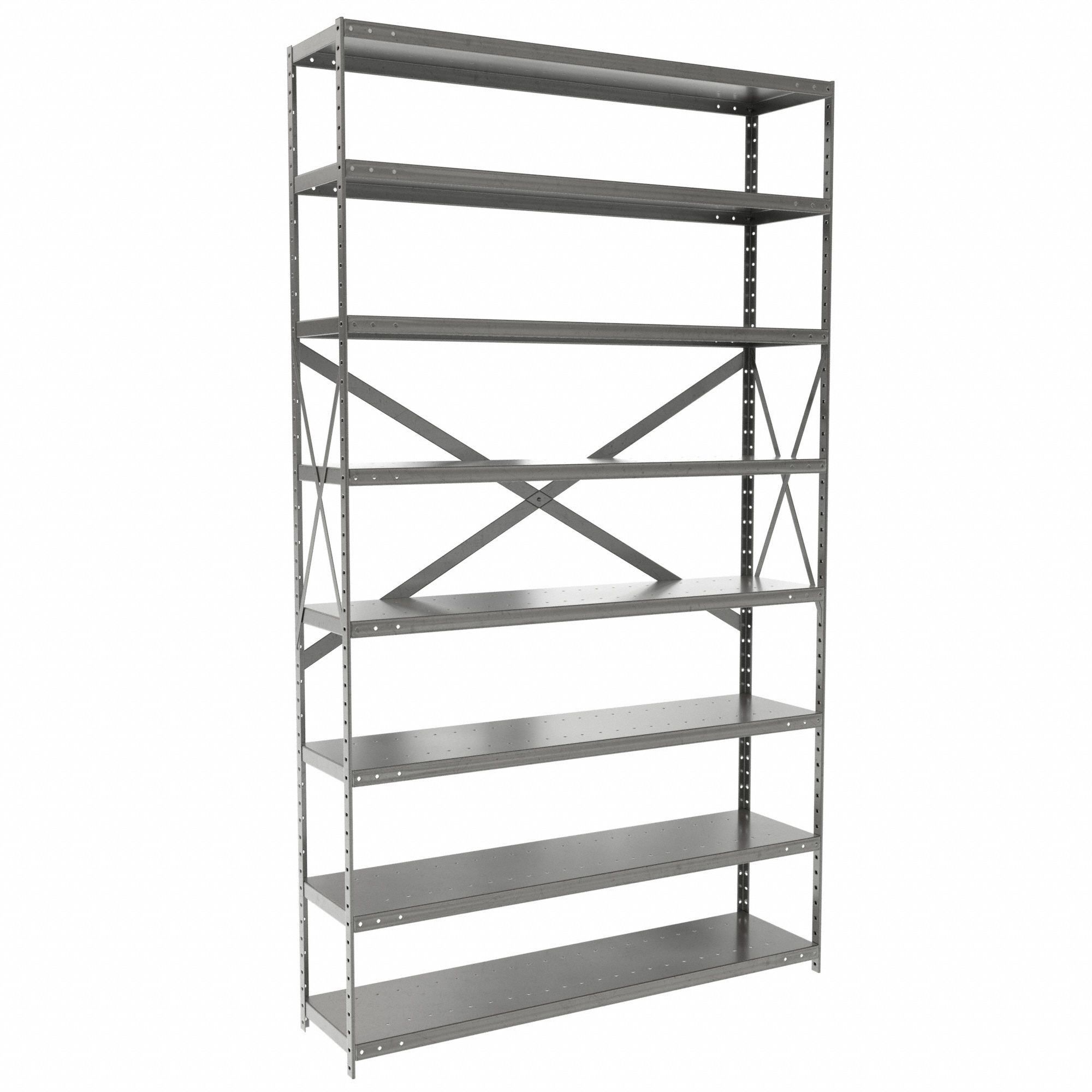 Metal Shelving: Starter, Heavy-Duty, 48 in x 12 in, 84 in Overall Ht, 8 Shelves