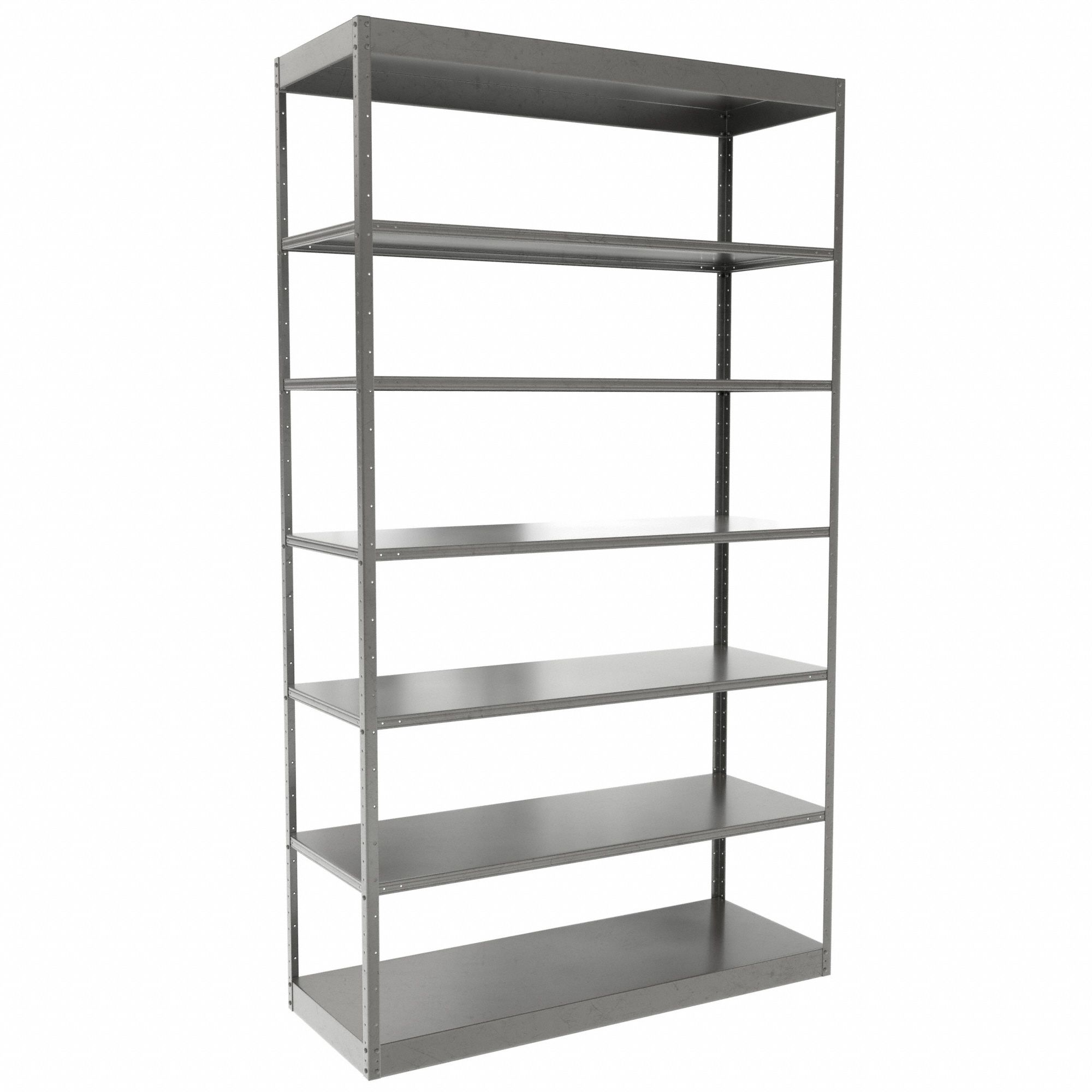 Metal Shelving: Standalone, Heavy-Duty, 48 in x 18 in, 84 in Overall Ht, 7 Shelves