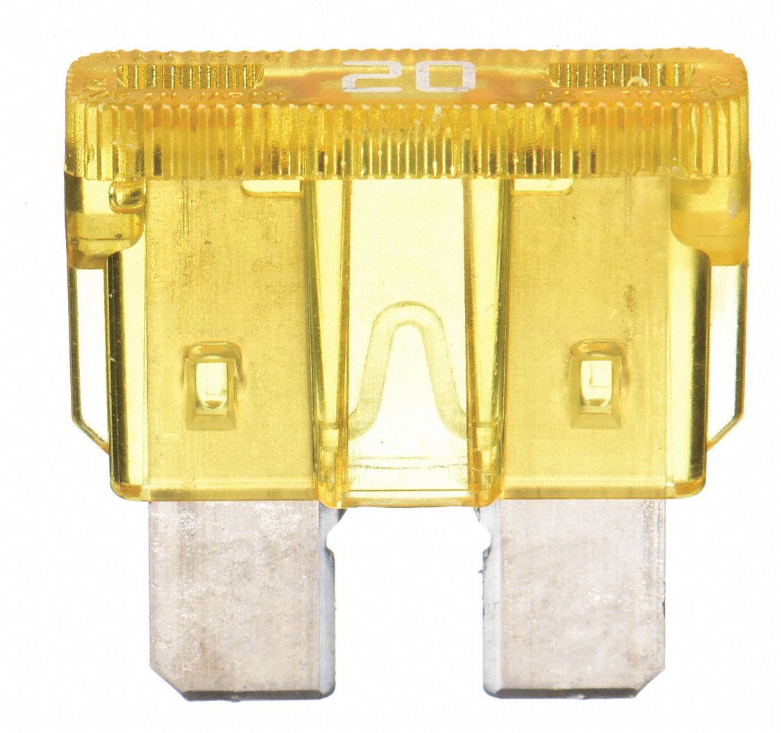 BUSSMANN Automotive Fuse: 20 A Amps, 32V DC, Yellow Color, Nonindicating,  Fast Acting, 3/4 in Lg