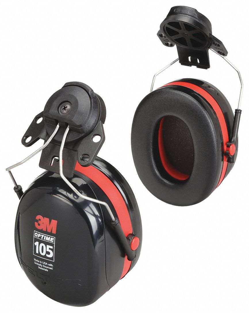 EARMUFFS, HARD HAT-MOUNT, RIGID, BLK,RED, FOAM/PUR/PVC/ACETAL/SS/ABS, 27DB, CSA