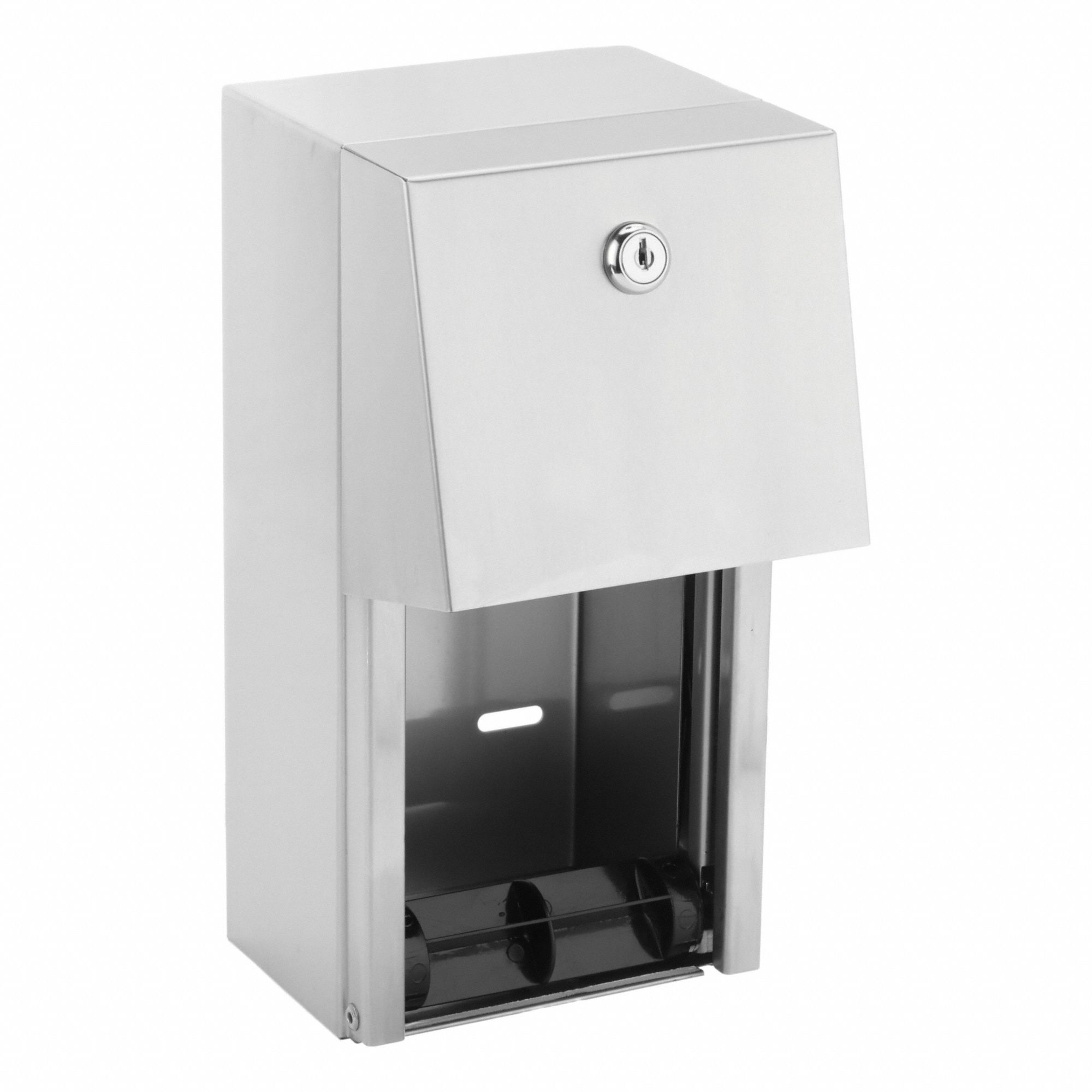 Toilet Paper Dispenser: Std Core, Vertical Double Roll, Steel, Silver