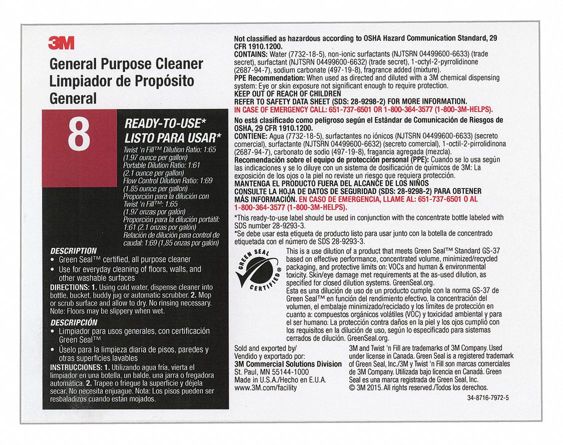 Secondary Bottle Label: 11 in Ht, 8 1/2 in Wd, 3M Gen Purpose Cleaner 8, 12 PK
