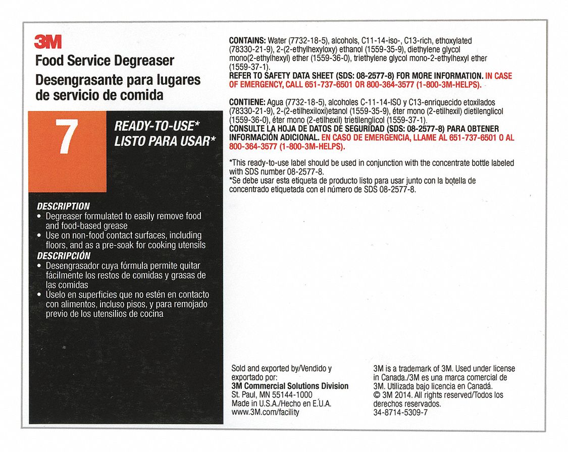 Secondary Bottle Label: 11 in Ht, 8 1/2 in Wd, 3M Flood Service Degreaser 7, 12 PK