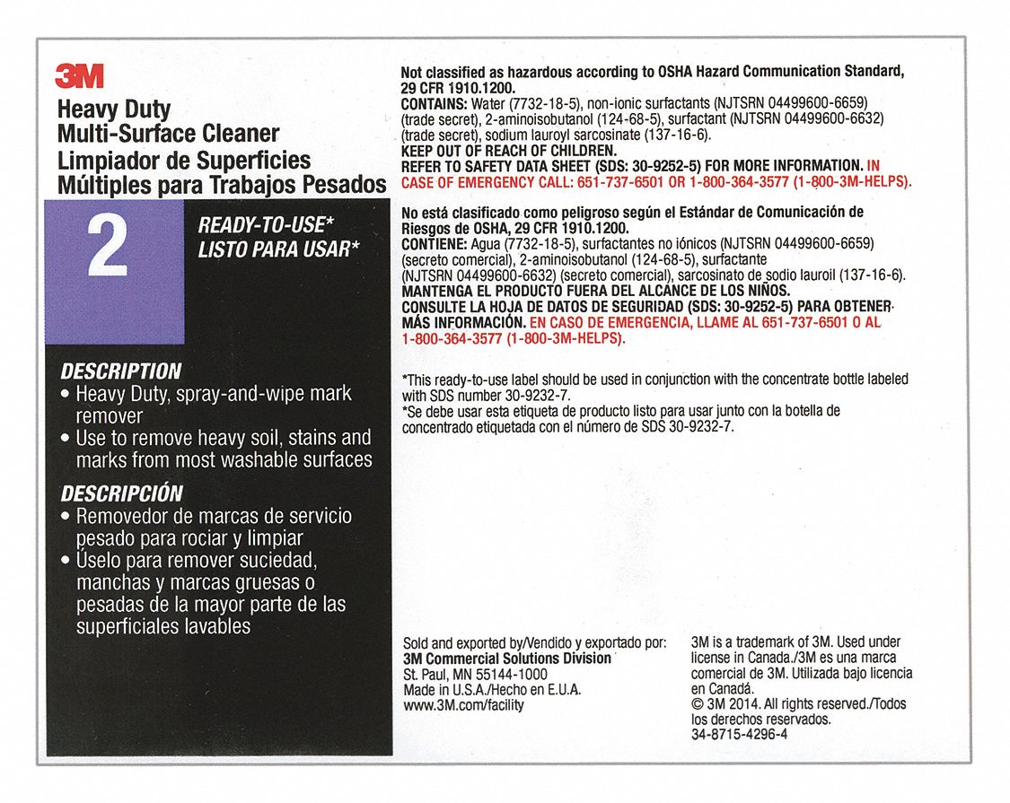 Secondary Bottle Label: 11 in Ht, 8 1/2 in Wd, 3M Heavy Duty Multi-Surface Cleaner 2, 12 PK