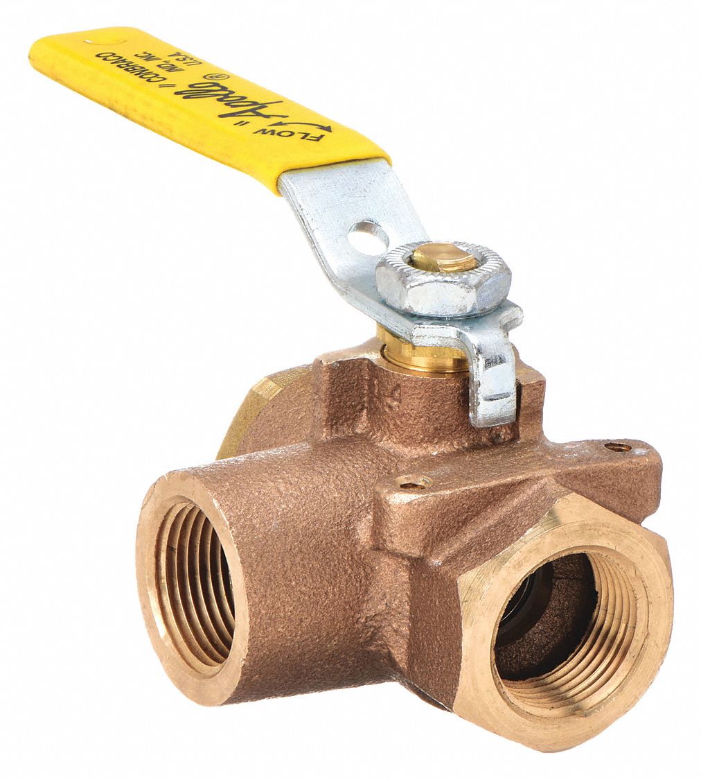 MANUAL THREE-WAY BALL VALVE: ½ IN, BRONZE, L FLOW, FNPT X FNPT X FNPT, STD PORT BALL PORT