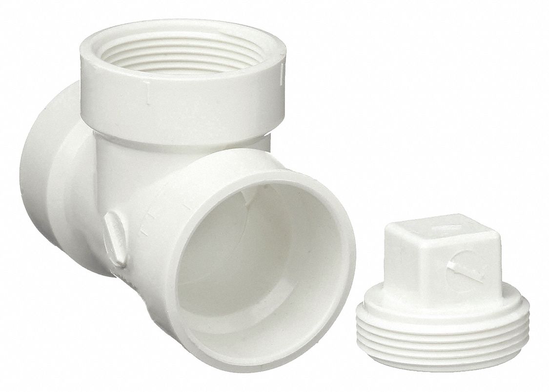 CLEANOUT TEE WITH PLUG: SCHEDULE 40, 2 IN X 2 IN X 2 IN FITTING PIPE SIZE, WHITE