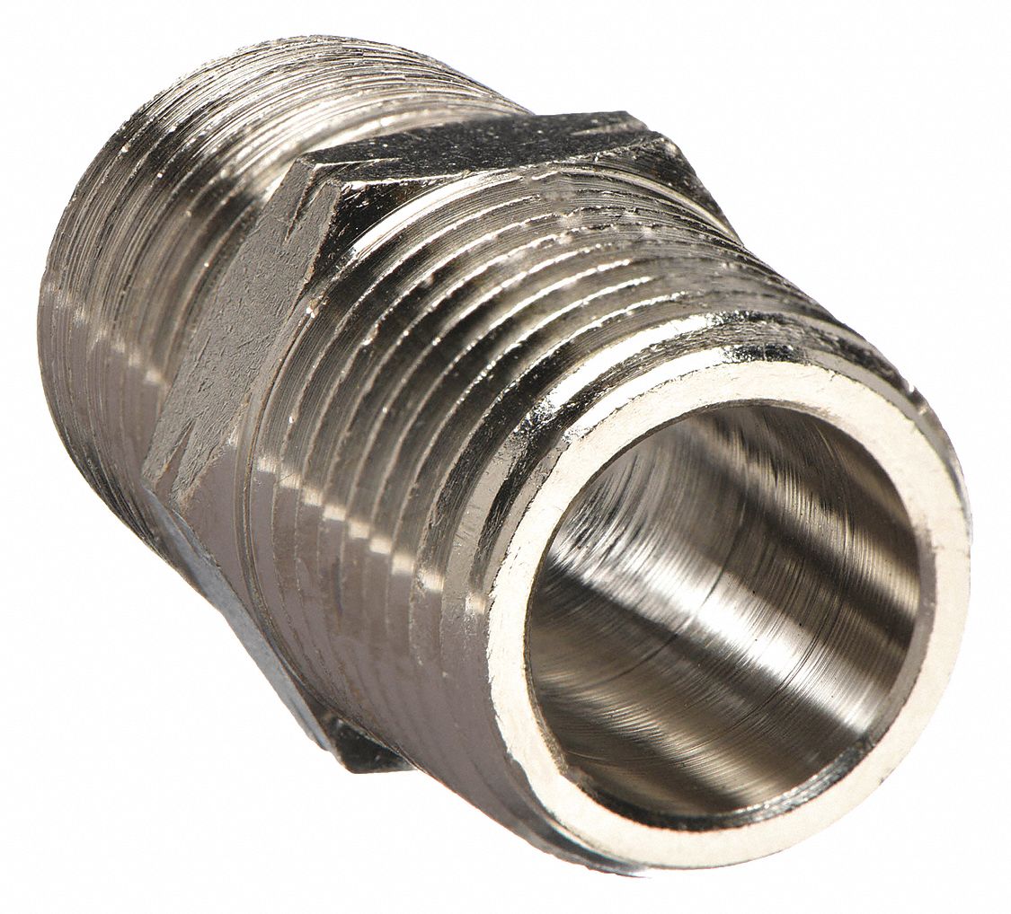 HEX NIPPLE: NICKEL-PLATED BRASS, ½ IN X ½ IN FITTING PIPE SIZE, MALE NPT X MALE NPT