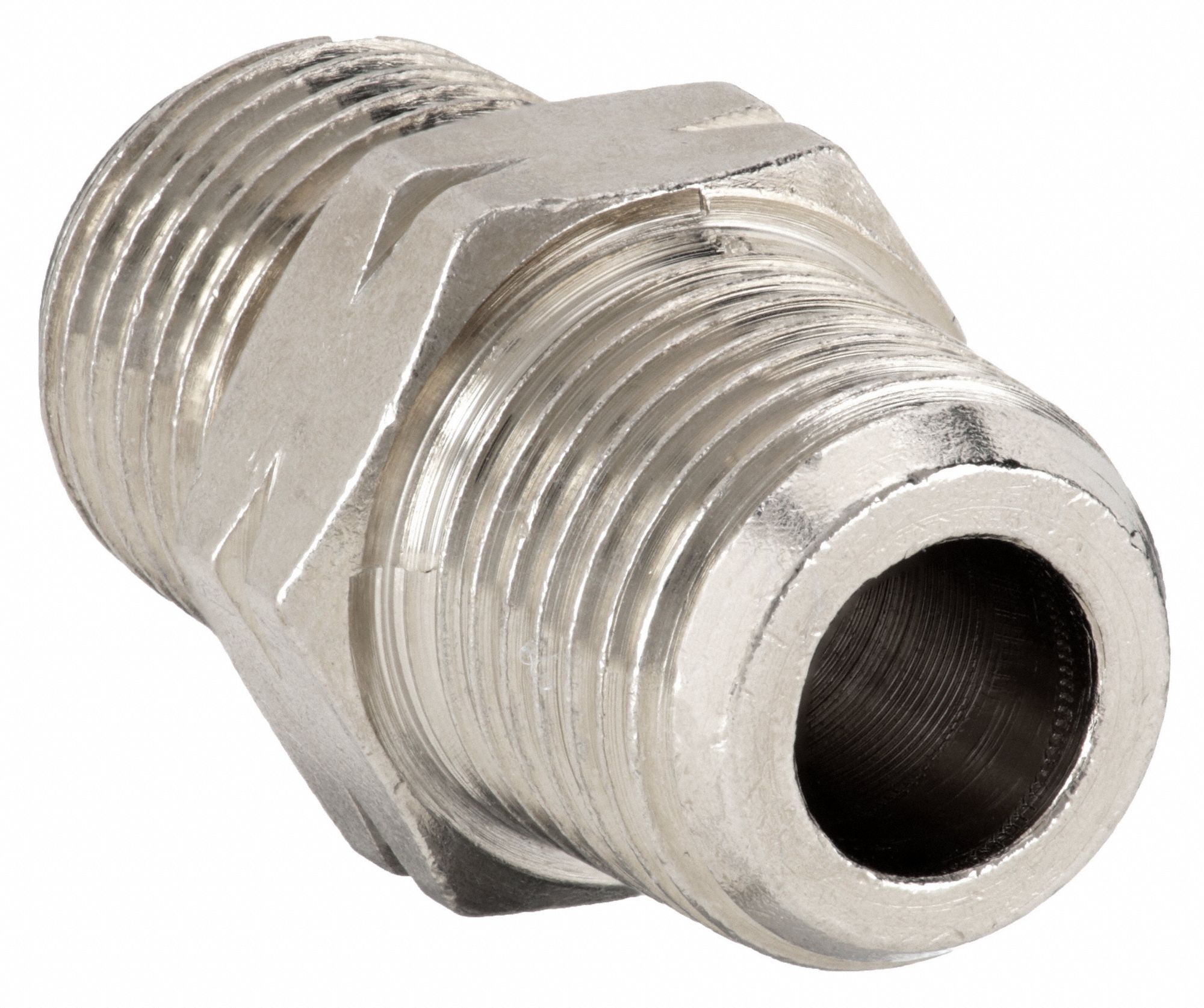 HEX NIPPLE: NICKEL-PLATED BRASS, ⅛ IN X ⅛ IN FITTING PIPE SIZE, MALE NPT X MALE NPT