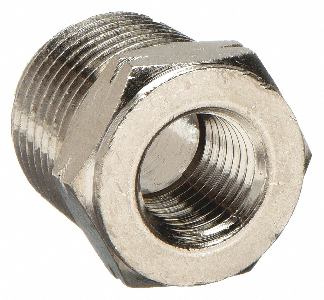 REDUCING BUSHING: NICKEL-PLATED BRASS, ⅜ IN X ⅛ IN FITTING, MALE NPT X FEMALE NPT