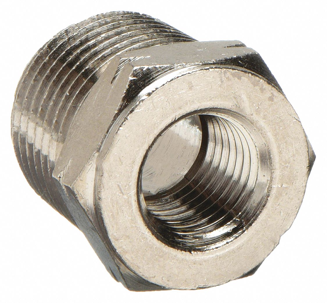 REDUCING BUSHING: NICKEL-PLATED BRASS, ¼ IN X ⅛ IN FITTING, MALE NPT X FEMALE NPT