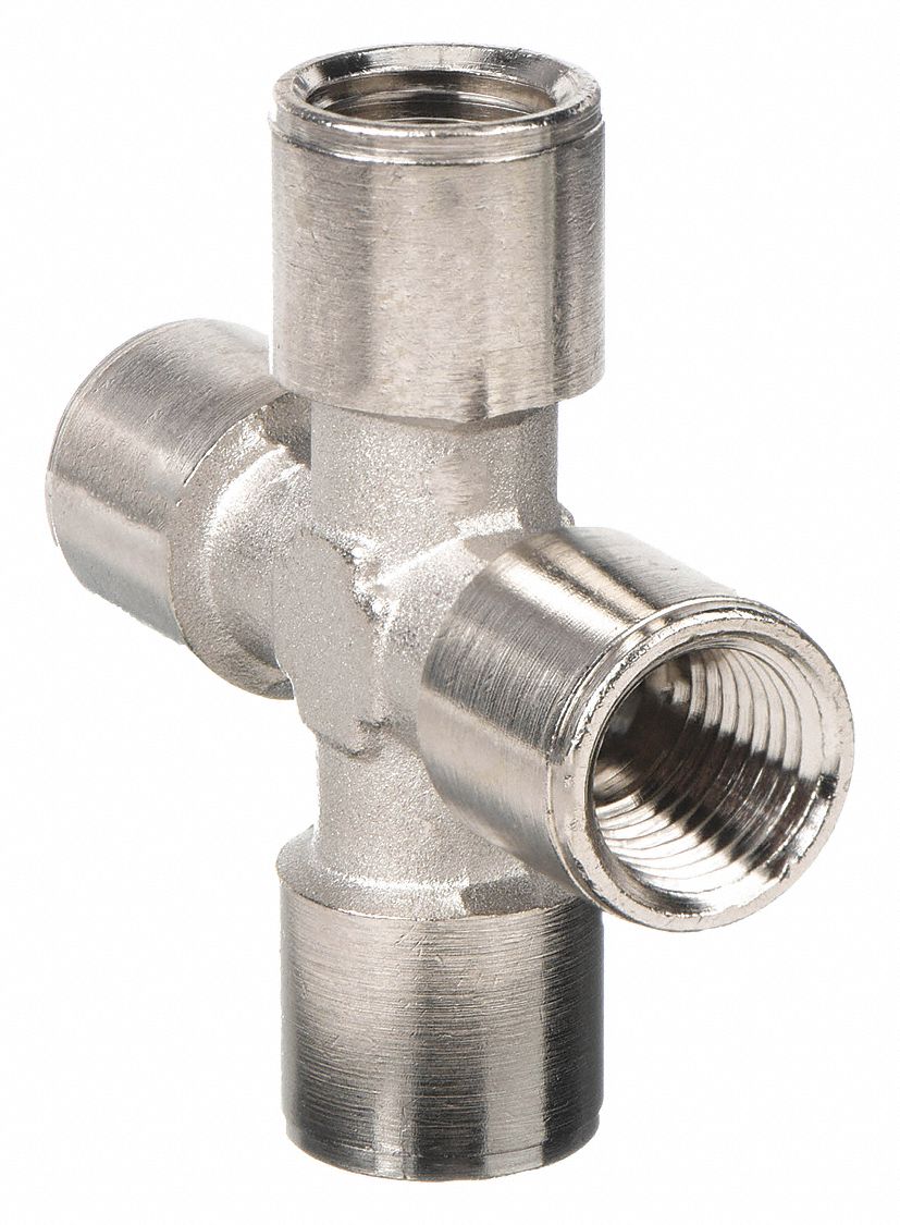 CROSS: NICKEL-PLATED BRASS, ¼ IN X ¼ IN X ¼ IN X ¼ IN FITTING, 2⅛ IN OVERALL LG