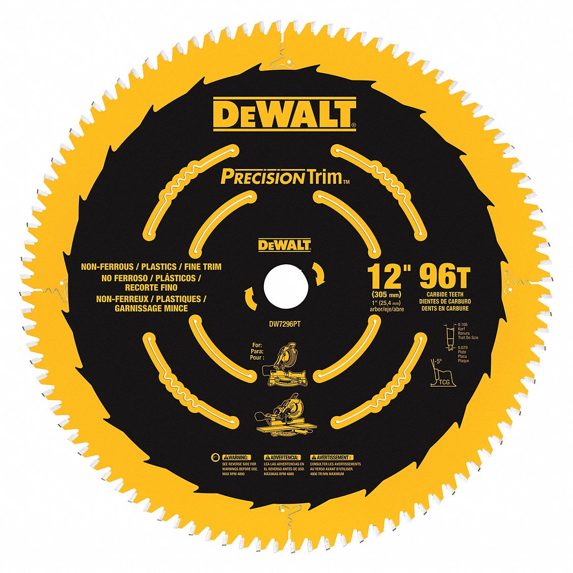 Dewalt 12 In Blade Dia 96 Teeth Circular Saw Blade 1crb8 Dw7296pt Grainger