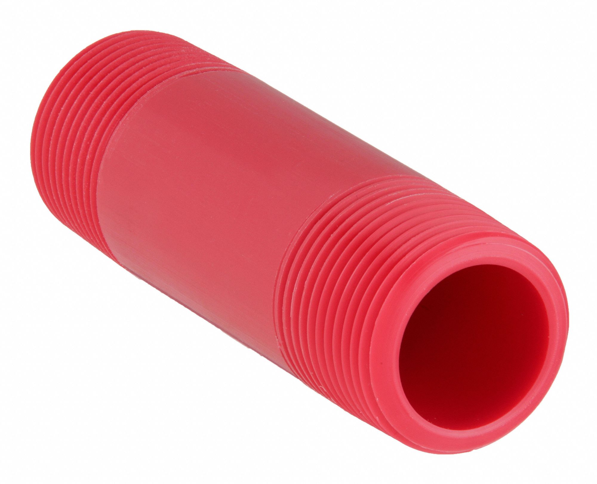 Nipple: Polyvinylidene, 1 1/2 in Nominal Pipe Size, 4 in Overall Lg, Threaded on Both Ends, Red