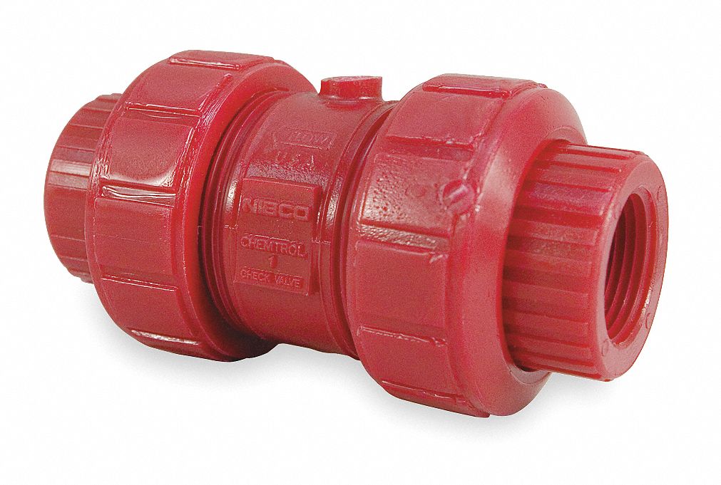 BALL CHECK VALVE, BALL, INLINE VALVE BODY, PVDF, 1 IN PIPE, FNPT X FNPT, STANDARD