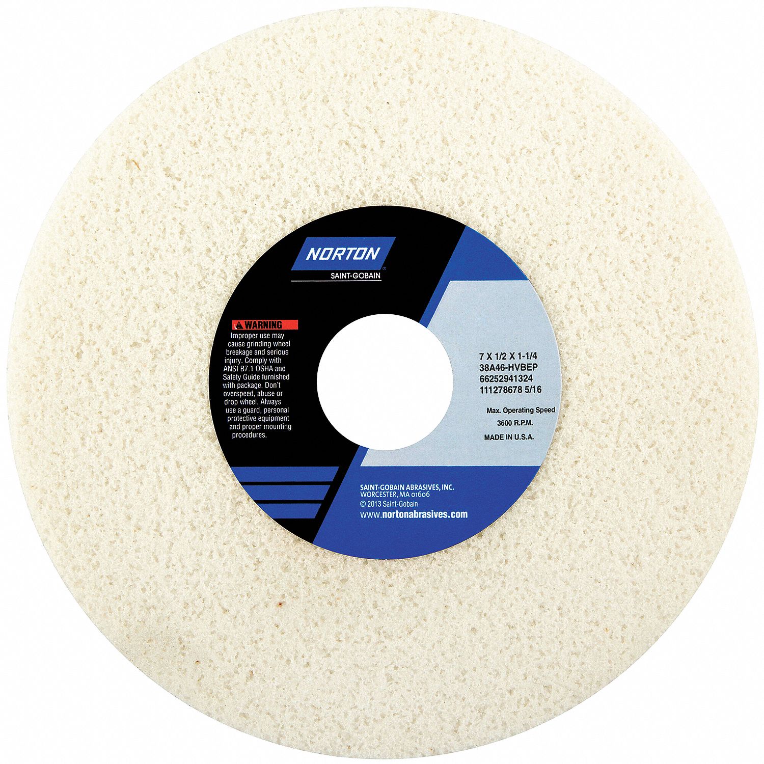 STRAIGHT GRINDING WHEEL, TYPE 1, 7 IN X ½ IN X 1¼ IN, 38A46-HVBEP, 5 PK