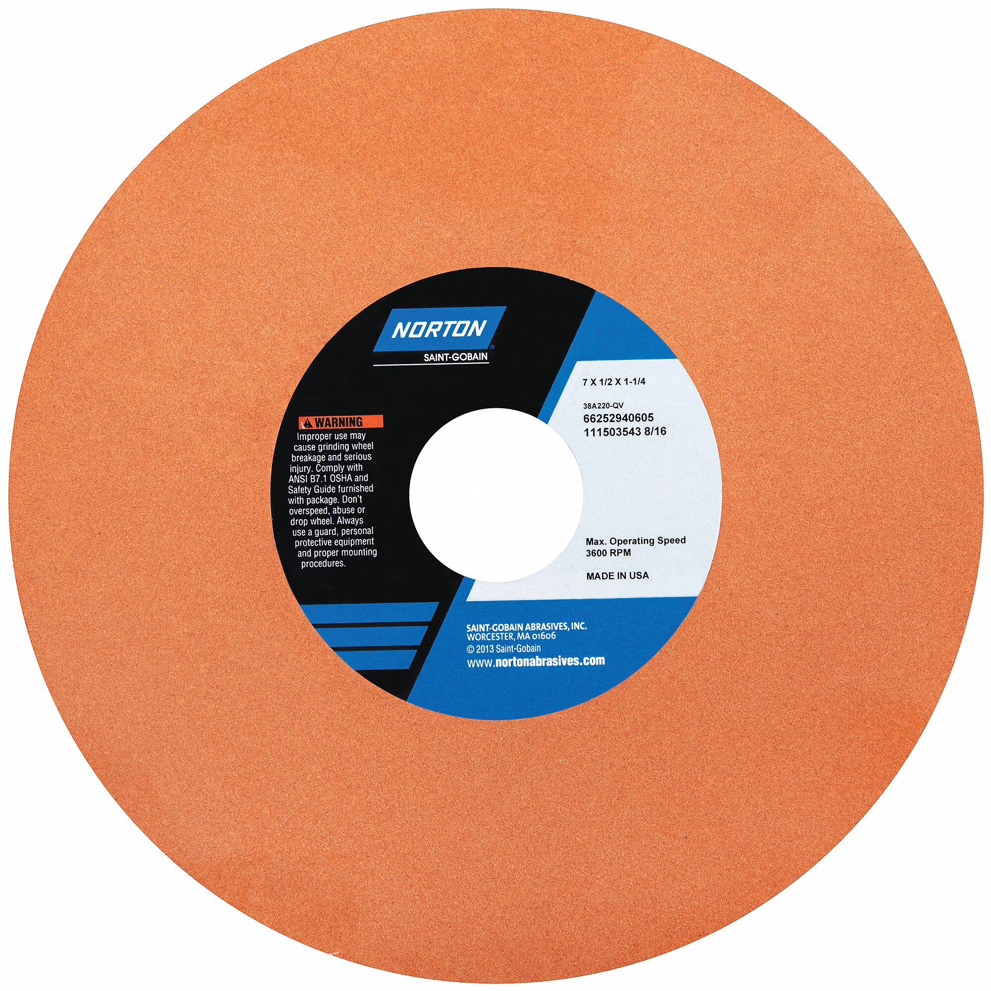 STRAIGHT GRINDING WHEEL, TYPE 1, 7 IN X ½ IN X 1¼ IN, 38A220-QV, 5 PK