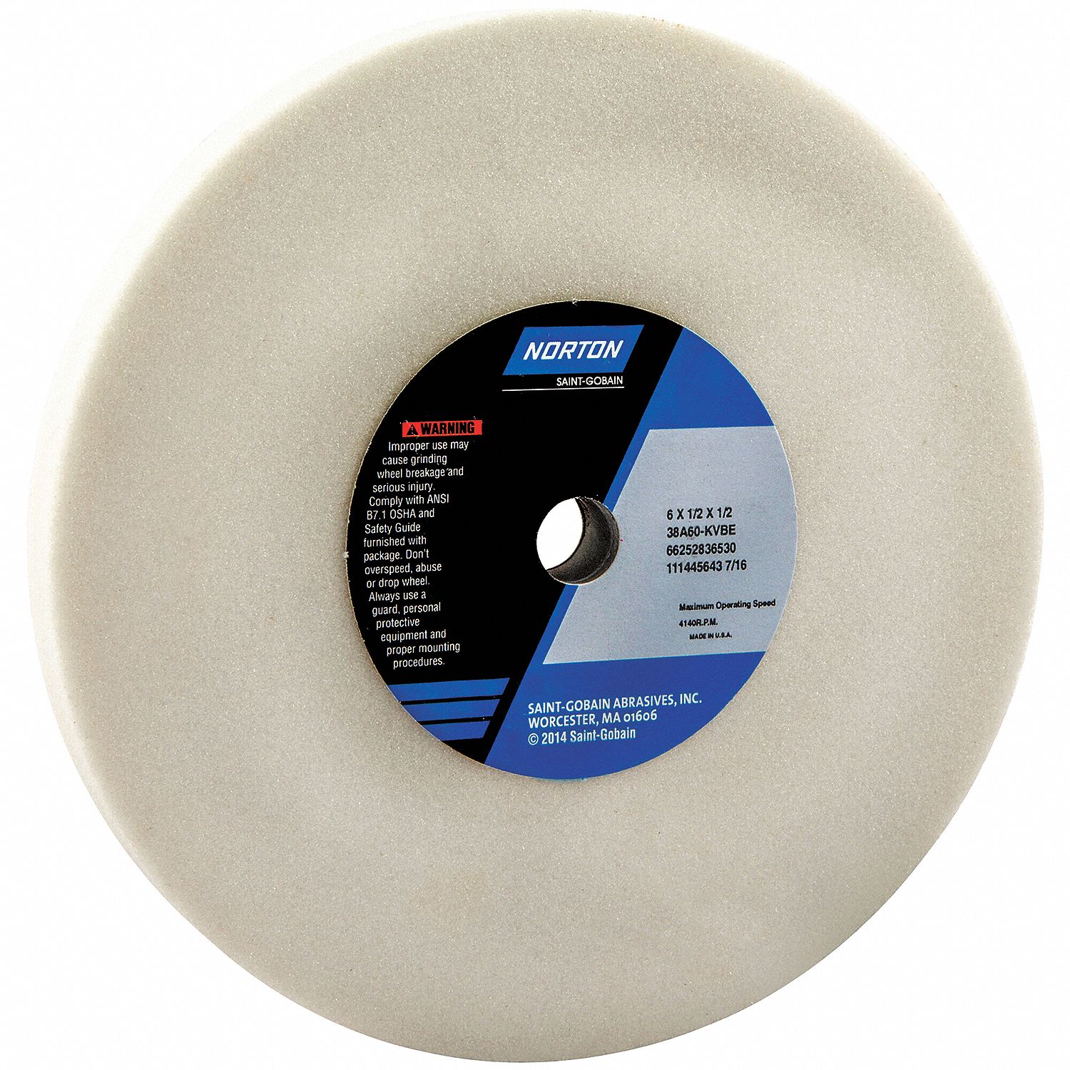 STRAIGHT GRINDING WHEEL, TYPE 1, 6 IN X ½ IN X ½ IN, 38A60-KVBE, ALUMINUM OXIDE, 5 PK