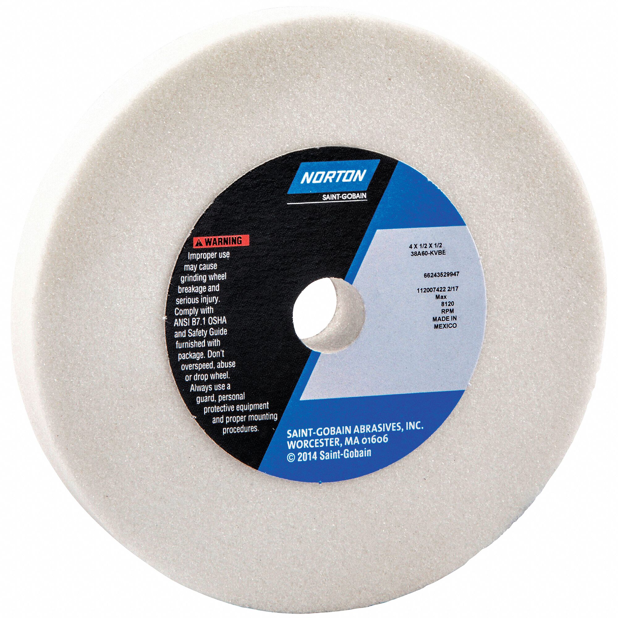 STRAIGHT GRINDING WHEEL, TYPE 1, 4 IN X ½ IN X ½ IN, 38A60-KVBE, ALUMINUM OXIDE, 5 PK