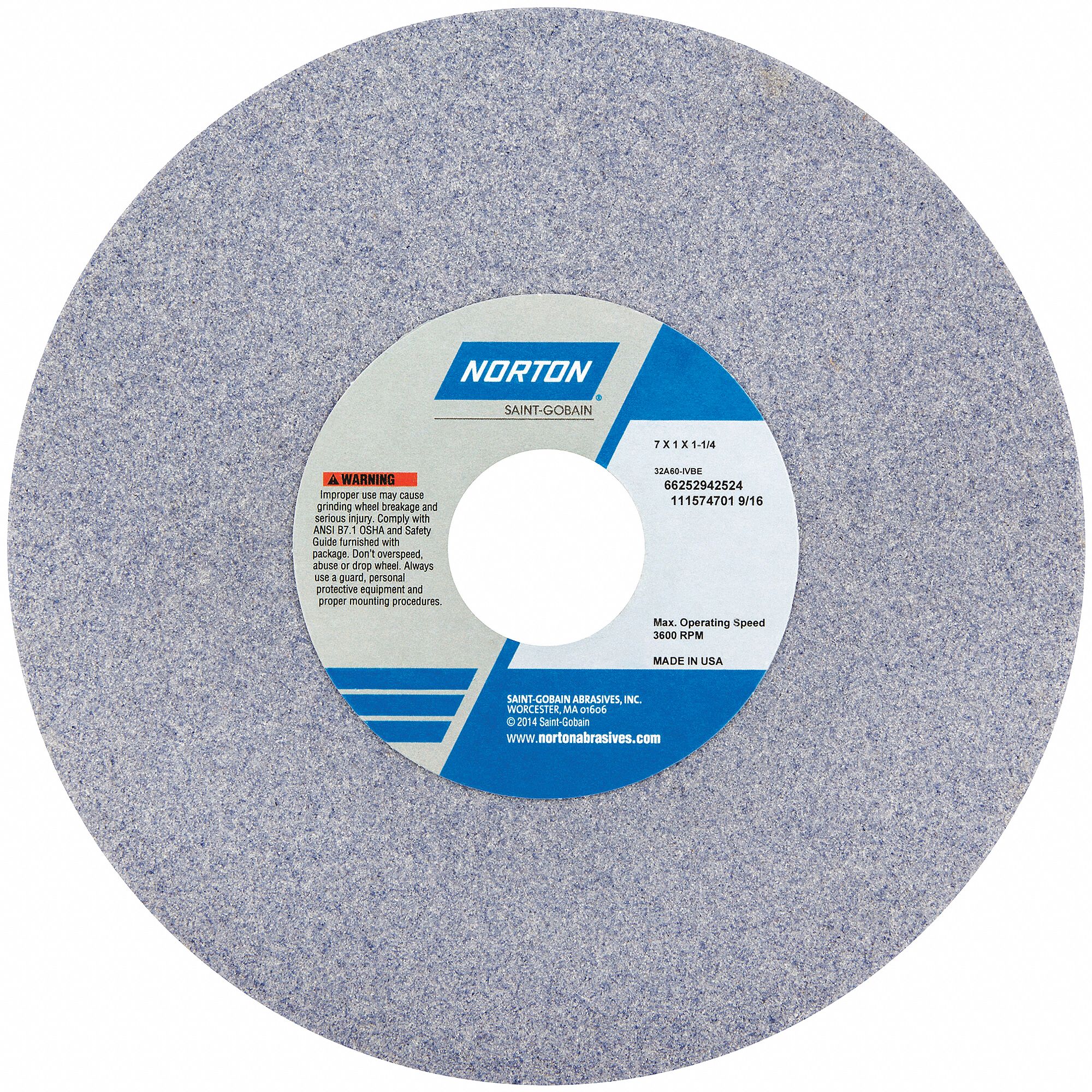 STRAIGHT GRINDING WHEEL, TYPE 1, 7 IN X 1 IN X 1¼ IN, 32A60-IVBE, 5 PK