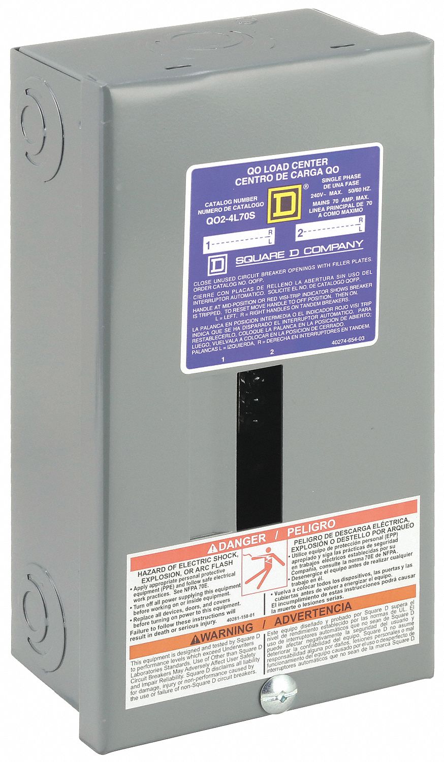 Load Center: 70 A Amps, 120/240V AC, 2 Spaces, 65kA, 2 Max. No. of Tandem Breakers, Surface Cover