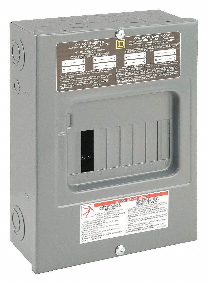 Load Center: 100 A Amps, 120/240V AC, 8 Spaces, 10kA, 8 Max. No. of Tandem Breakers, Surface Cover