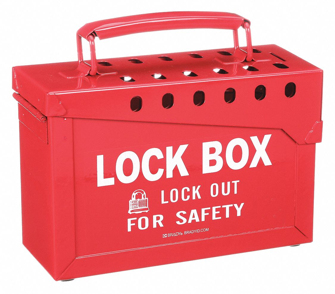 GROUP LOCKOUT BOX, STEEL, RED, 6 X 8.9 X 3½ IN, PORTABLE, HINGED, 13 PADLOCKS