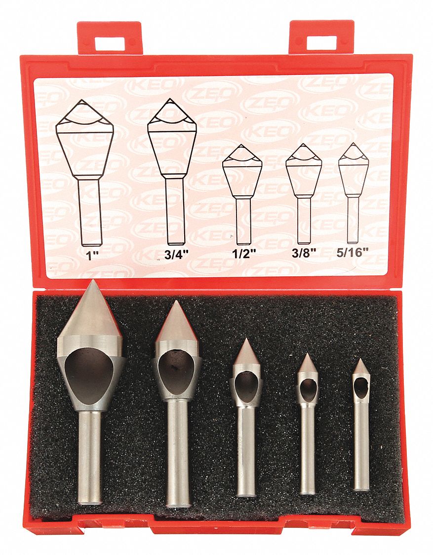 Countersink Set: 60°, 5 Pc, 5/16 in to 1 in, 0 Flute, Cobalt