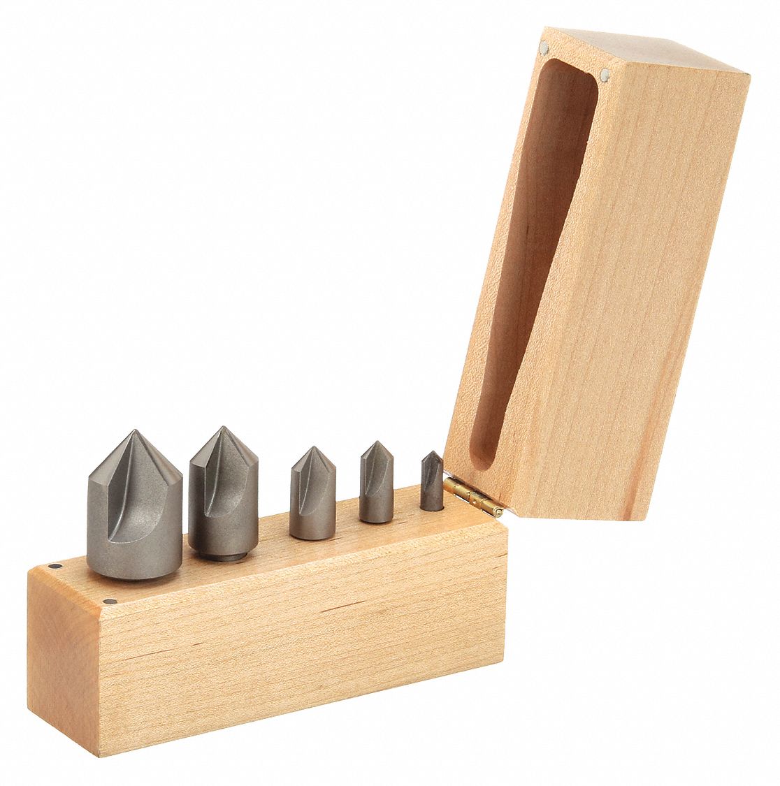 Countersink Set: 90°, 5 Pc, 1/4 in to 1 in, 3 Flute, High Speed Steel