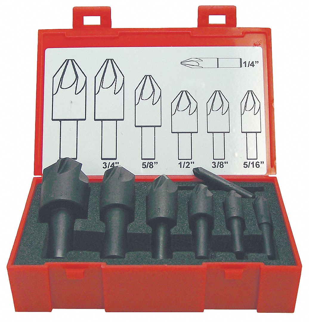 COUNTERSINK SET, HIGH SPEED STEEL, BRIGHT/UNCOATED, ¼ IN SMALLEST BODY DIAMETER, 7-PC