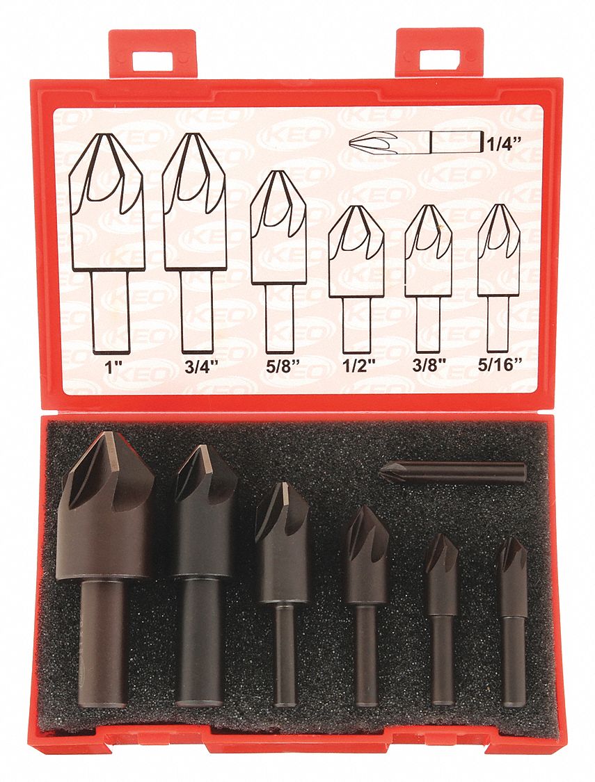 Countersink Set: 82°, 7 Pc, 1/4 in to 1 in, 6 Flute, High Speed Steel
