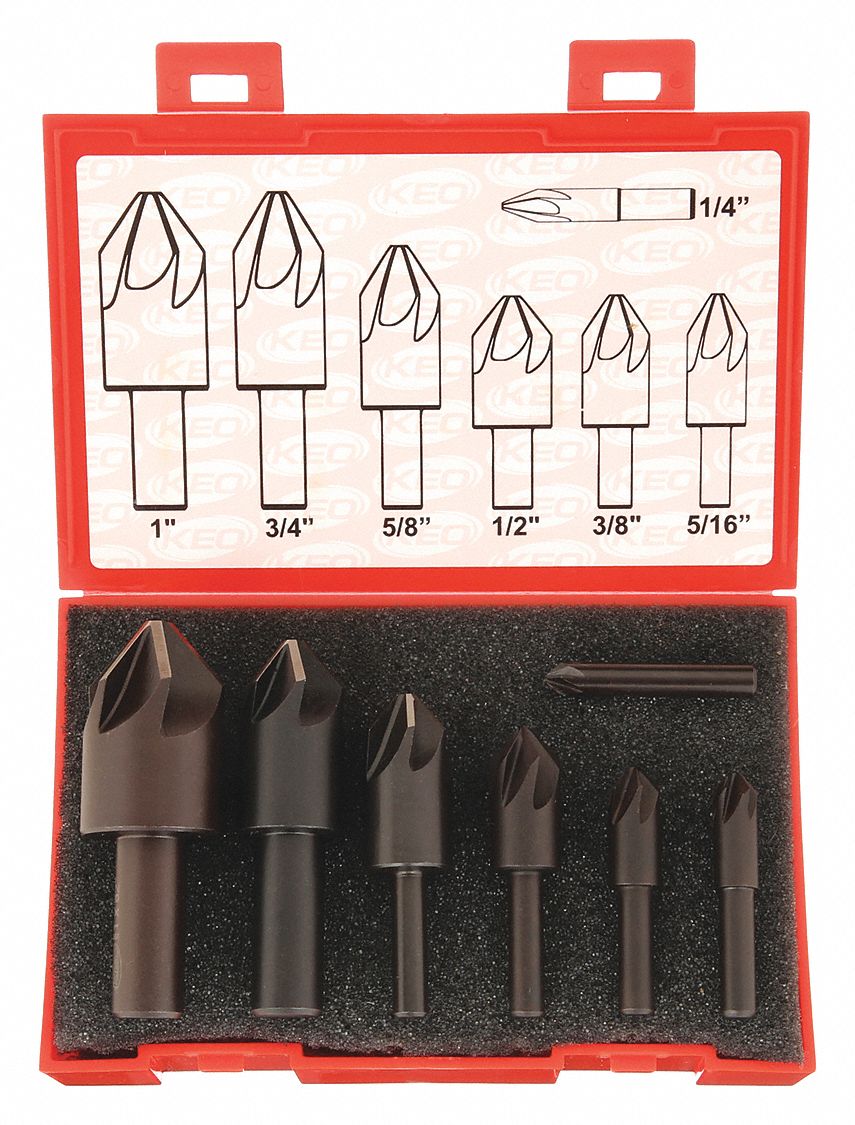 COUNTERSINK SET, HIGH SPEED STEEL, BRIGHT/UNCOATED, ¼ IN SMALLEST BODY DIAMETER, 7-PC