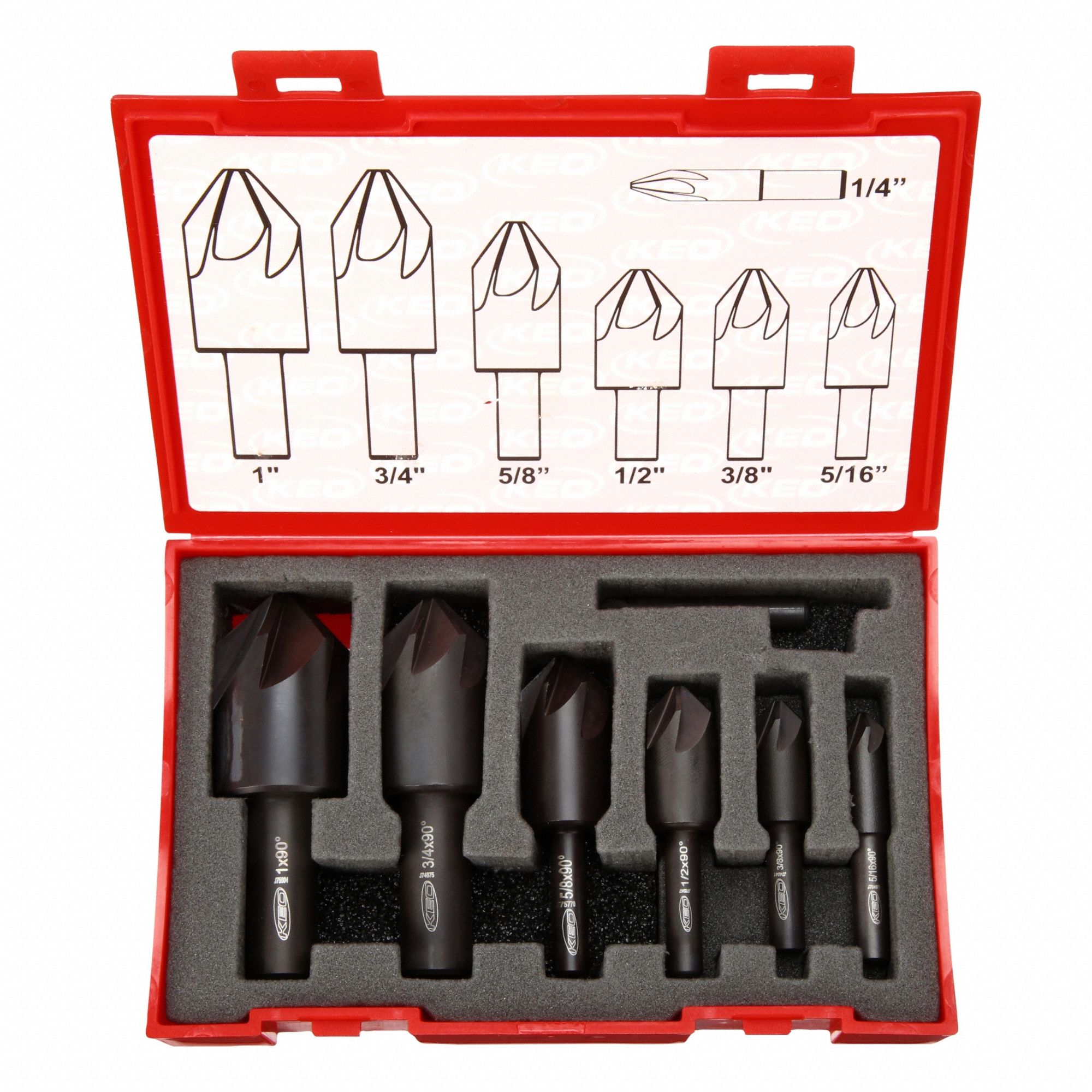 Countersink Set: 90°, 7 Pc, 1/4 in to 1 in, 6 Flute, High Speed Steel