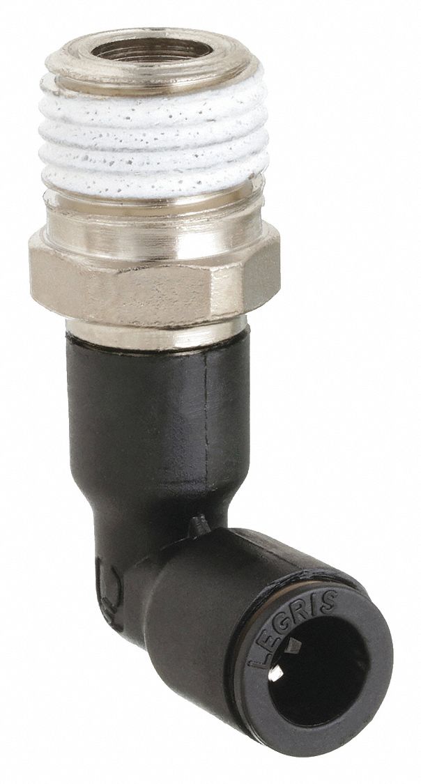 Push-Fit Elbow Fitting: 1/4 in OD x 3/8 in Pipe Size, Push-to-Connect x MNPT, Black, 10 PK