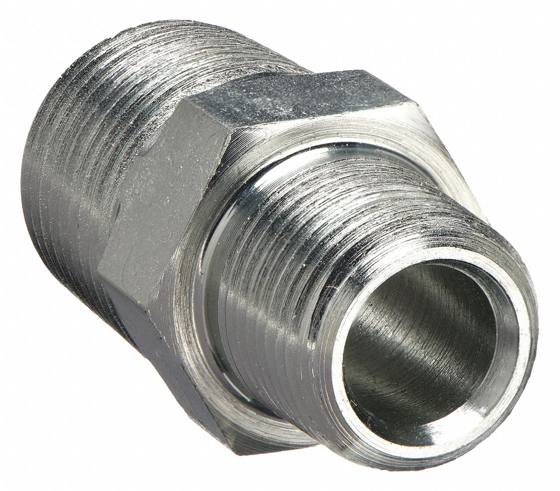 Hex Nipple: Carbon Steel, 1/2 in x 1/4 in Fitting Pipe Size, Male NPT x Male NPT, 1 11/16 in Lg