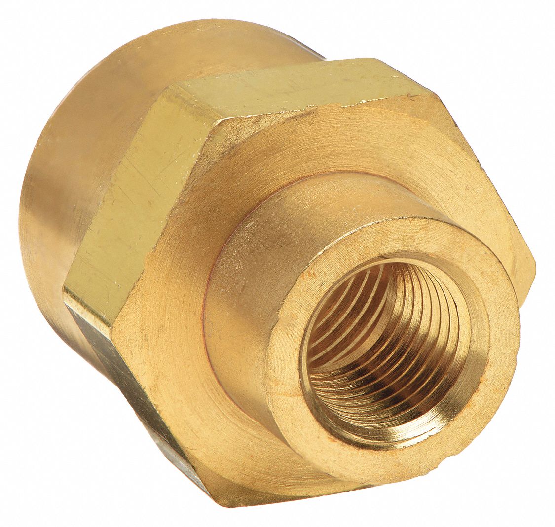 Hex Reducing Coupling: Brass, 1/2 in x 1/4 in Fitting Pipe Size, Female NPT x Female NPT