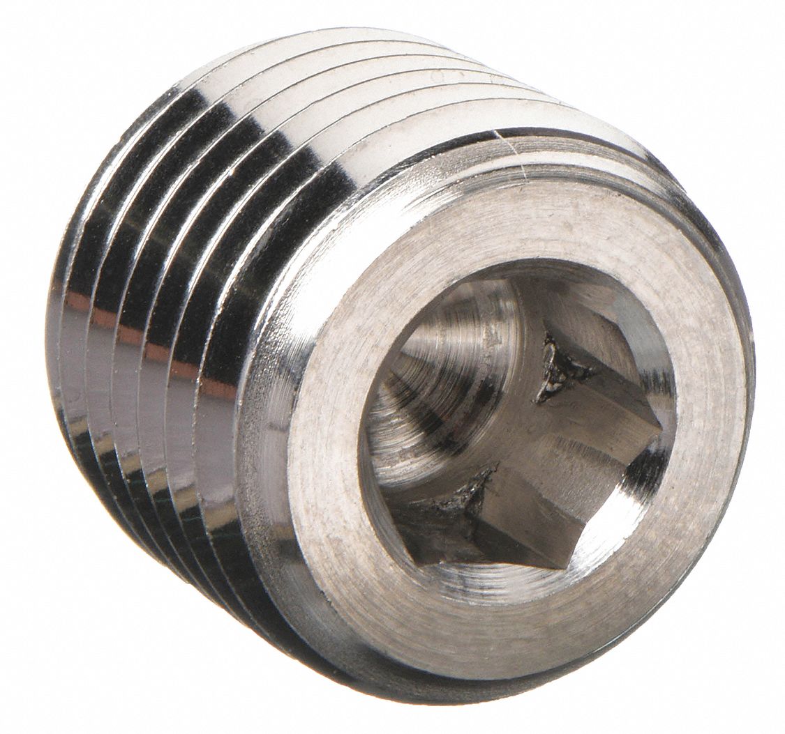Hollow Hex Head Plug: 316L Stainless Steel, 1/4 in Fitting Pipe Size, Male NPT, 7/16 in Overall Lg